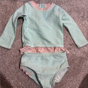 Ruffle Butts Seersucker Swimsuit with Pink Ruffles